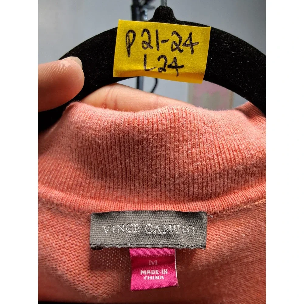 Vince Camuto Womens Coral Pink Polo V-Neck Balloon Sleeve Knit Sweater M